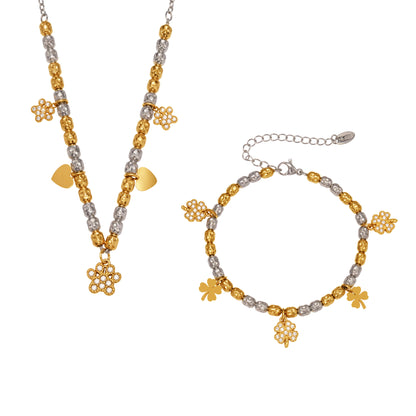 316L Stainless Steel Two-Tone Plated Four-Leaf Clover CZ Charm Bracelet & Necklace - Image 6