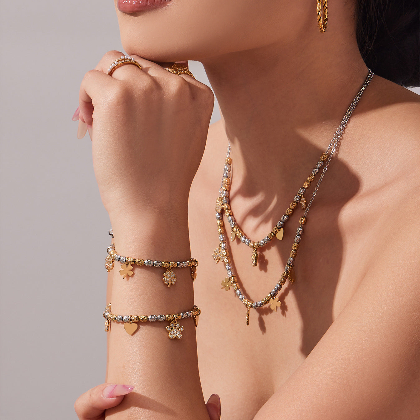 316L Stainless Steel Two-Tone Plated Four-Leaf Clover CZ Charm Bracelet & Necklace - Image 7