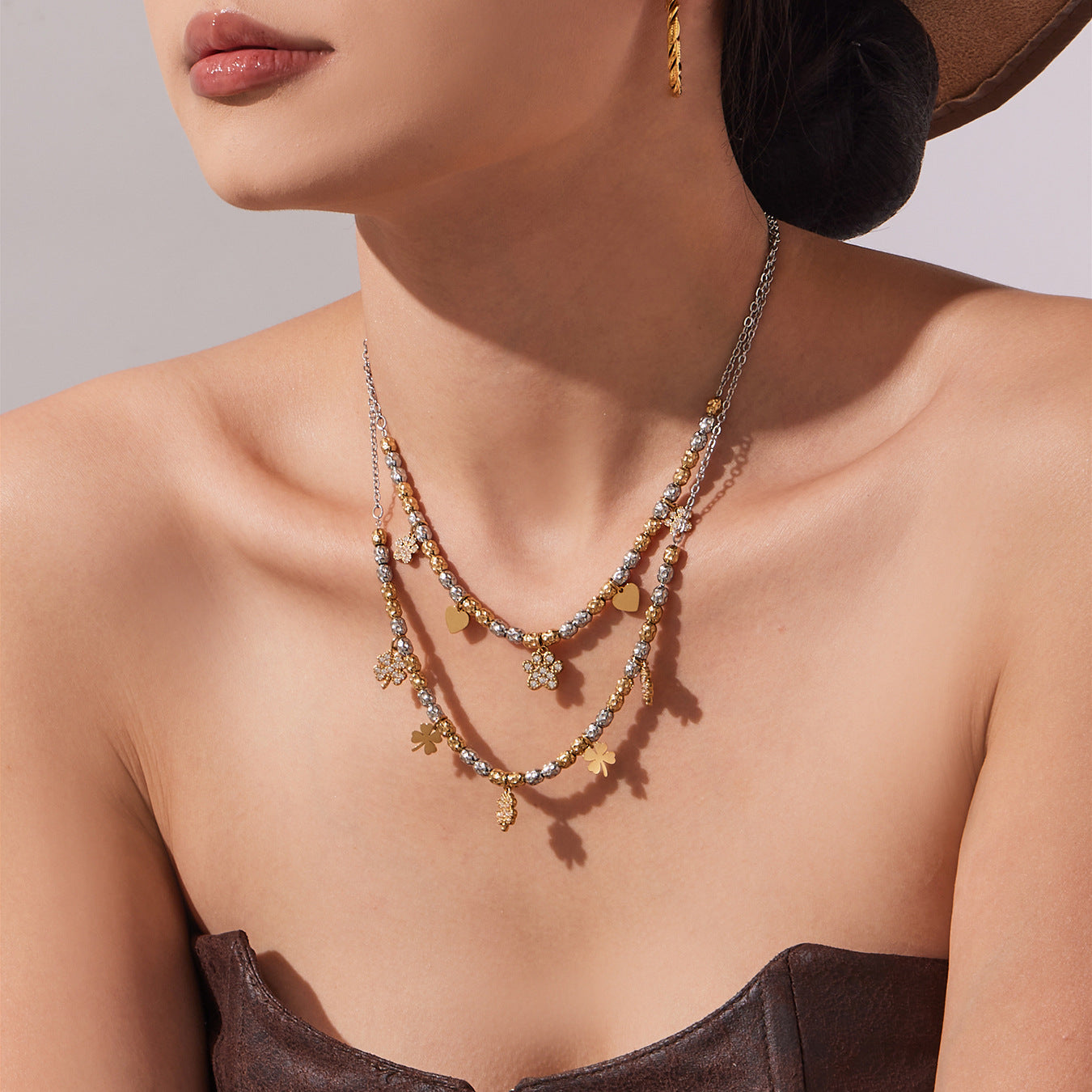 316L Stainless Steel Two-Tone Plated Four-Leaf Clover CZ Charm Bracelet & Necklace - Image 8