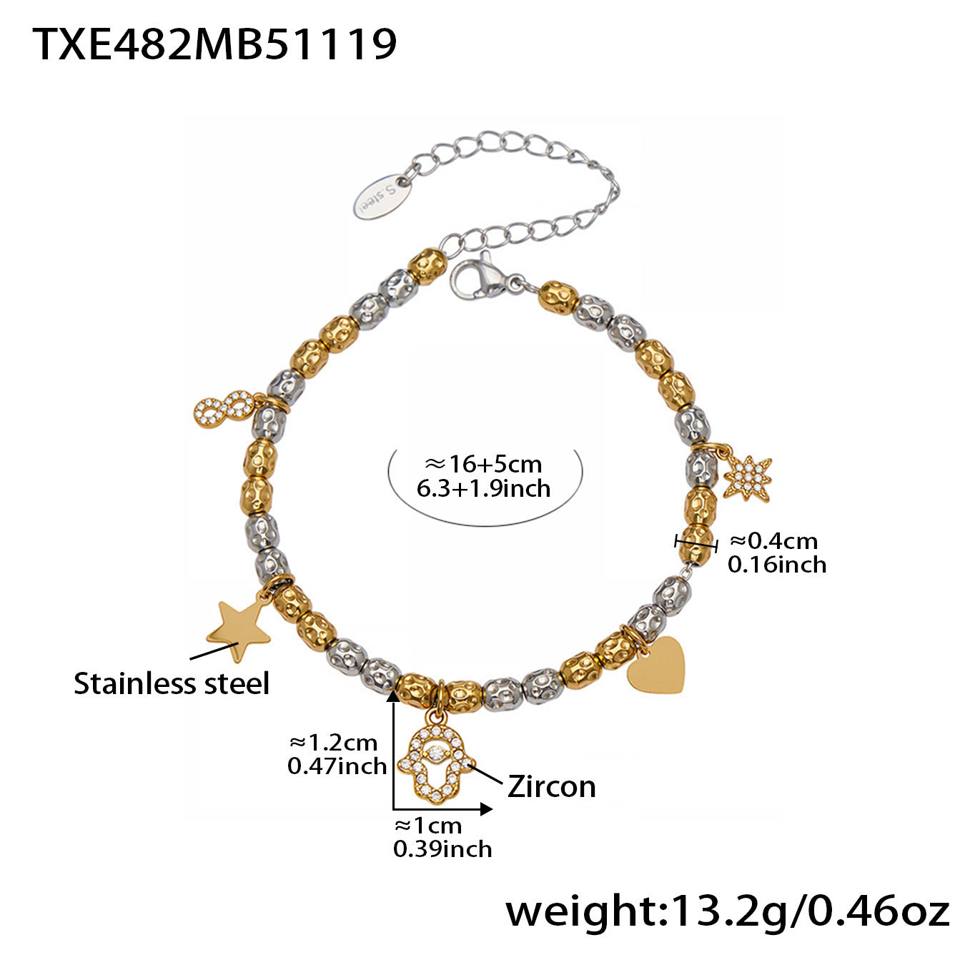 316L Stainless Steel Two-tone Zircon Star & Heart Charm Chain - Image 1
