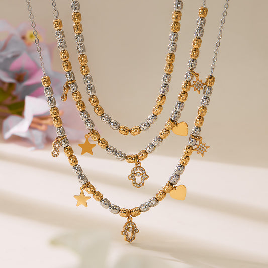 316L Stainless Steel Two-tone Zircon Star & Heart Charm Chain - Image 2