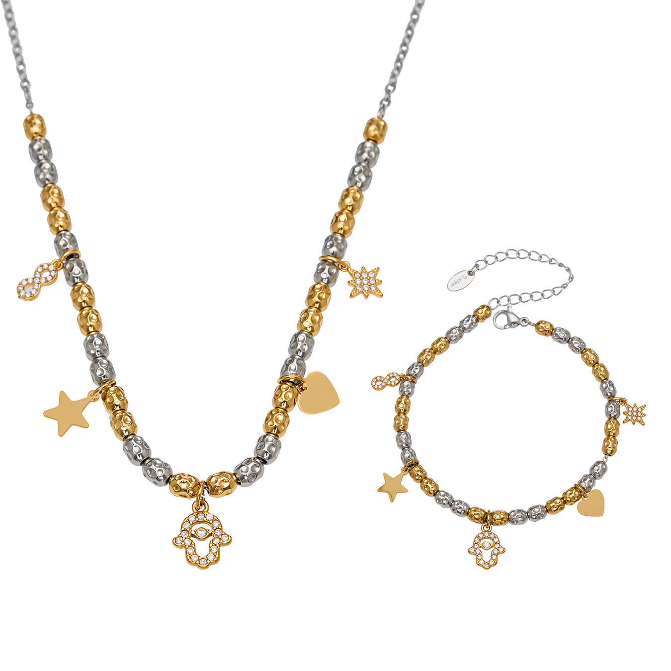 316L Stainless Steel Two-tone Zircon Star & Heart Charm Chain - Image 5