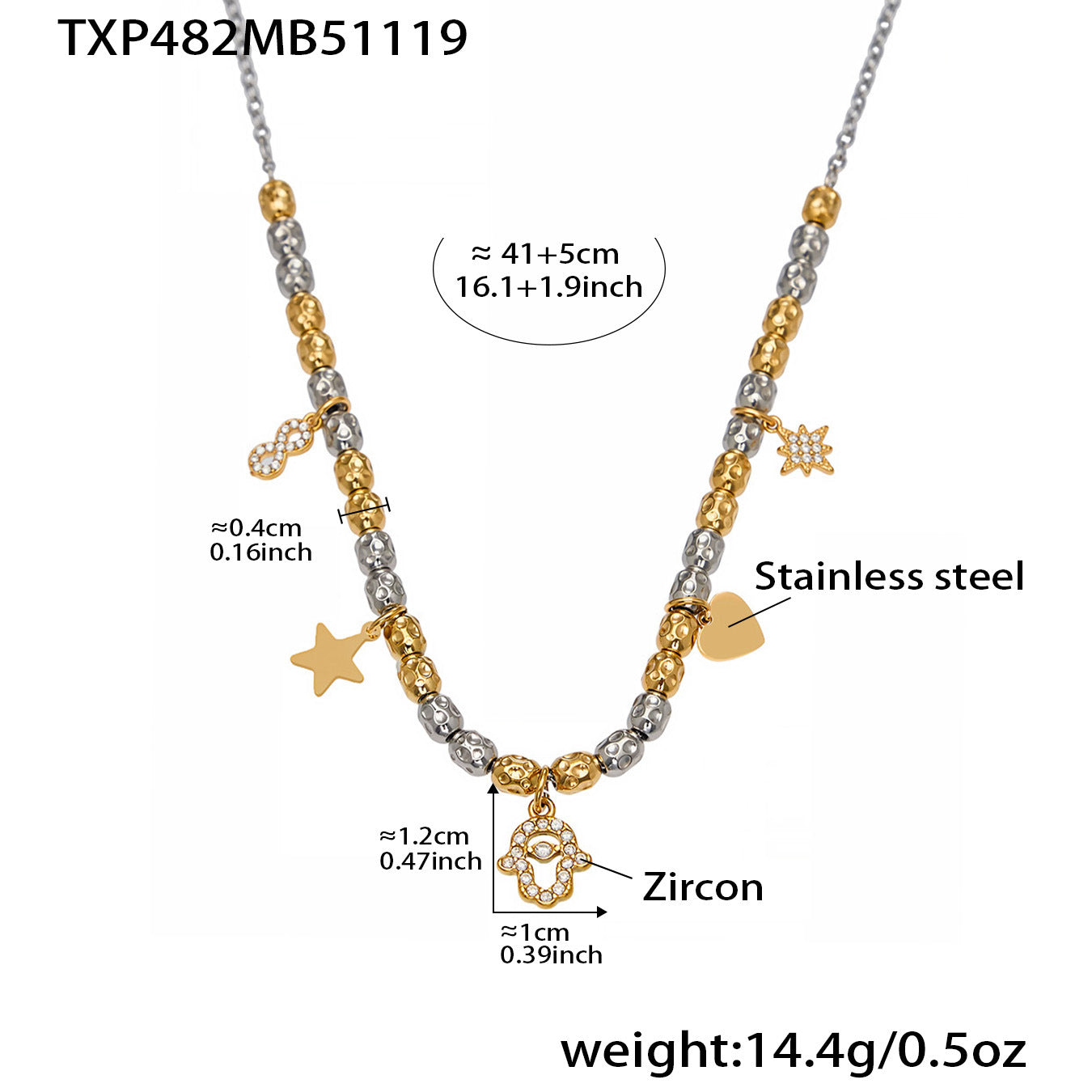 316L Stainless Steel Two-tone Zircon Star & Heart Charm Chain - Image 6