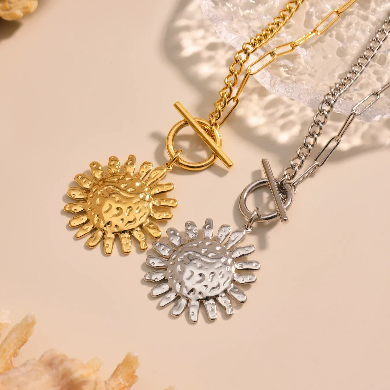 316L Stainless Steel Unique Hammered Sunflower OT Buckle Necklace - Image 2