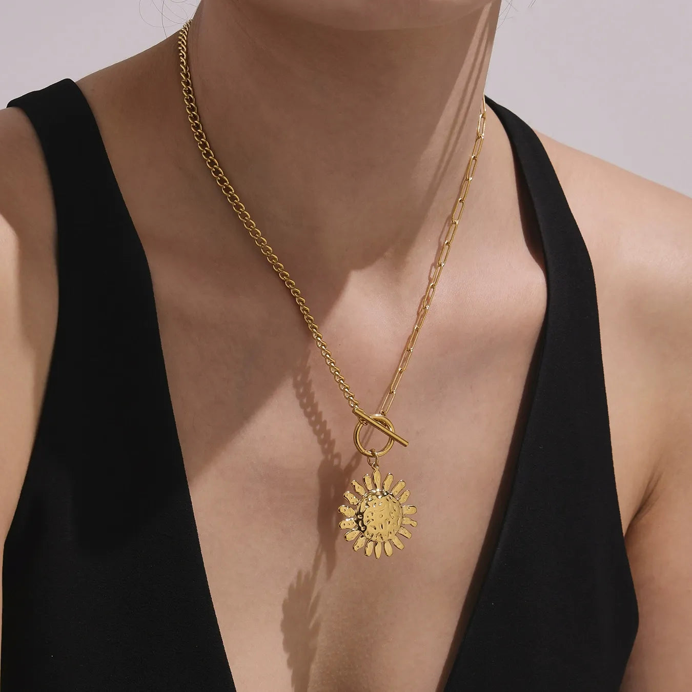 316L Stainless Steel Unique Hammered Sunflower OT Buckle Necklace - Image 3