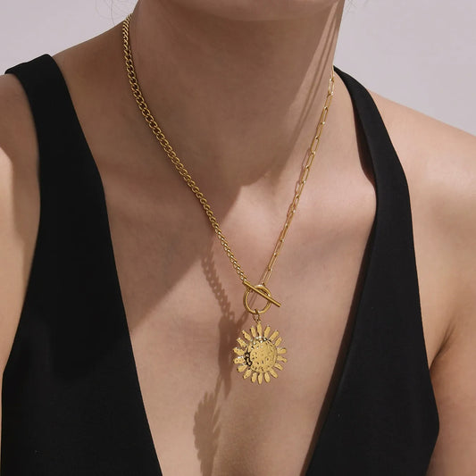 316L Stainless Steel Unique Hammered Sunflower OT Buckle Necklace - Image 3