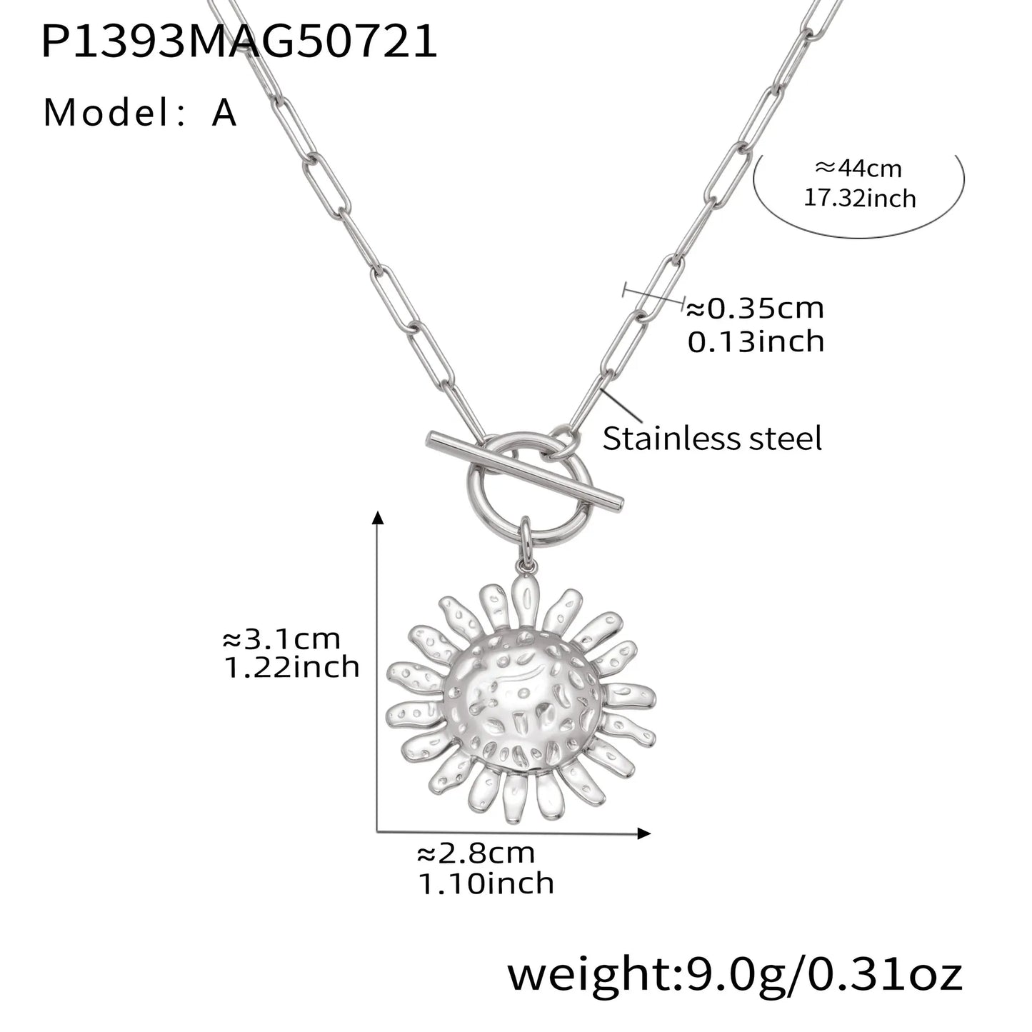 316L Stainless Steel Unique Hammered Sunflower OT Buckle Necklace - Image 7