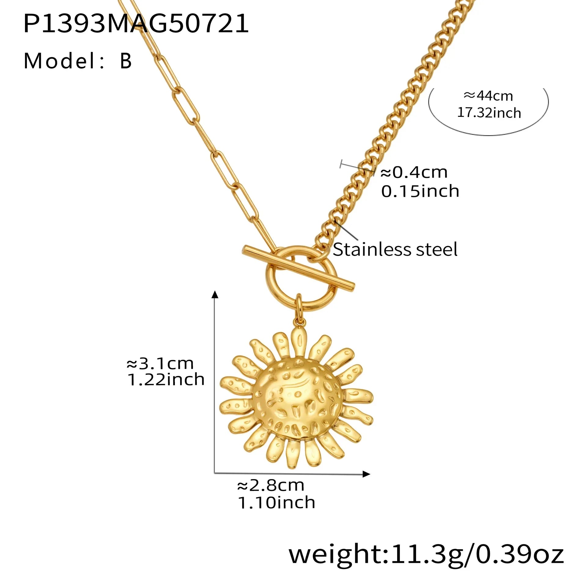 316L Stainless Steel Unique Hammered Sunflower OT Buckle Necklace - Image 8