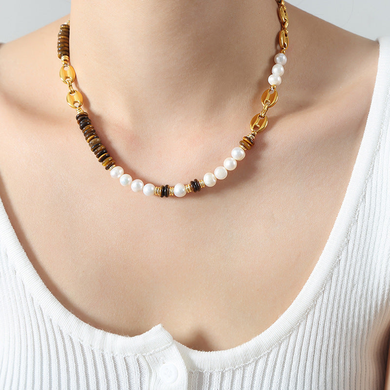 316L Stainless Steel Versatile Freshwater Pearl & Tiger Eye Pig Nose Chain Necklace & Bracelet Set - Image 1