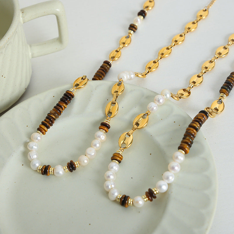 316L Stainless Steel Versatile Freshwater Pearl & Tiger Eye Pig Nose Chain Necklace & Bracelet Set - Image 2
