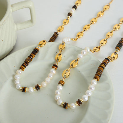 316L Stainless Steel Versatile Freshwater Pearl & Tiger Eye Pig Nose Chain Necklace & Bracelet Set - Image 2