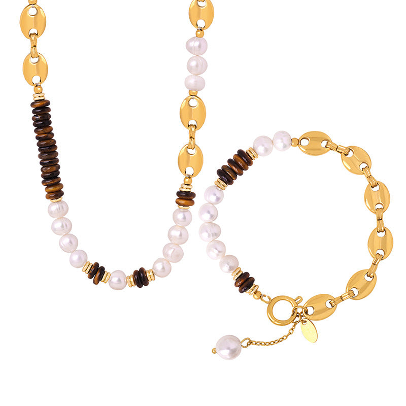 316L Stainless Steel Versatile Freshwater Pearl & Tiger Eye Pig Nose Chain Necklace & Bracelet Set - Image 4