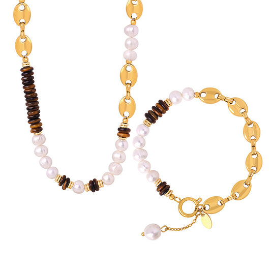 316L Stainless Steel Versatile Freshwater Pearl & Tiger Eye Pig Nose Chain Necklace & Bracelet Set - Image 4