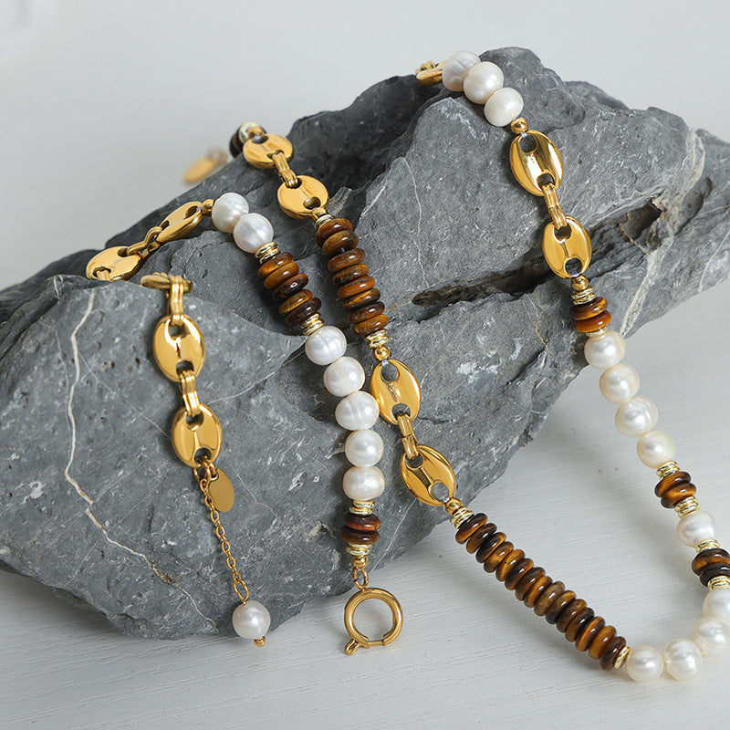 316L Stainless Steel Versatile Freshwater Pearl & Tiger Eye Pig Nose Chain Necklace & Bracelet Set - Image 5
