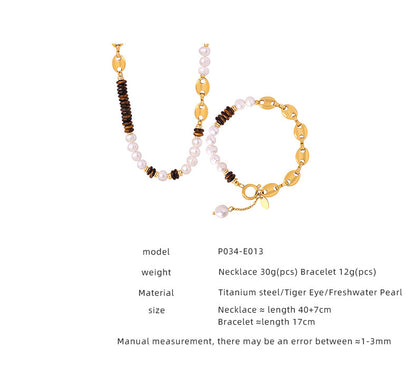 316L Stainless Steel Versatile Freshwater Pearl & Tiger Eye Pig Nose Chain Necklace & Bracelet Set - Image 6