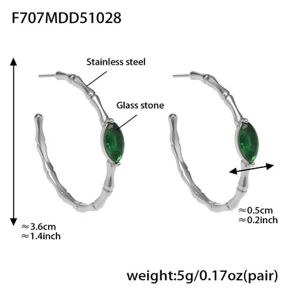 316L Stainless Steel Vintage Bamboo Green Glass C-Hoop Earrings - Image 4