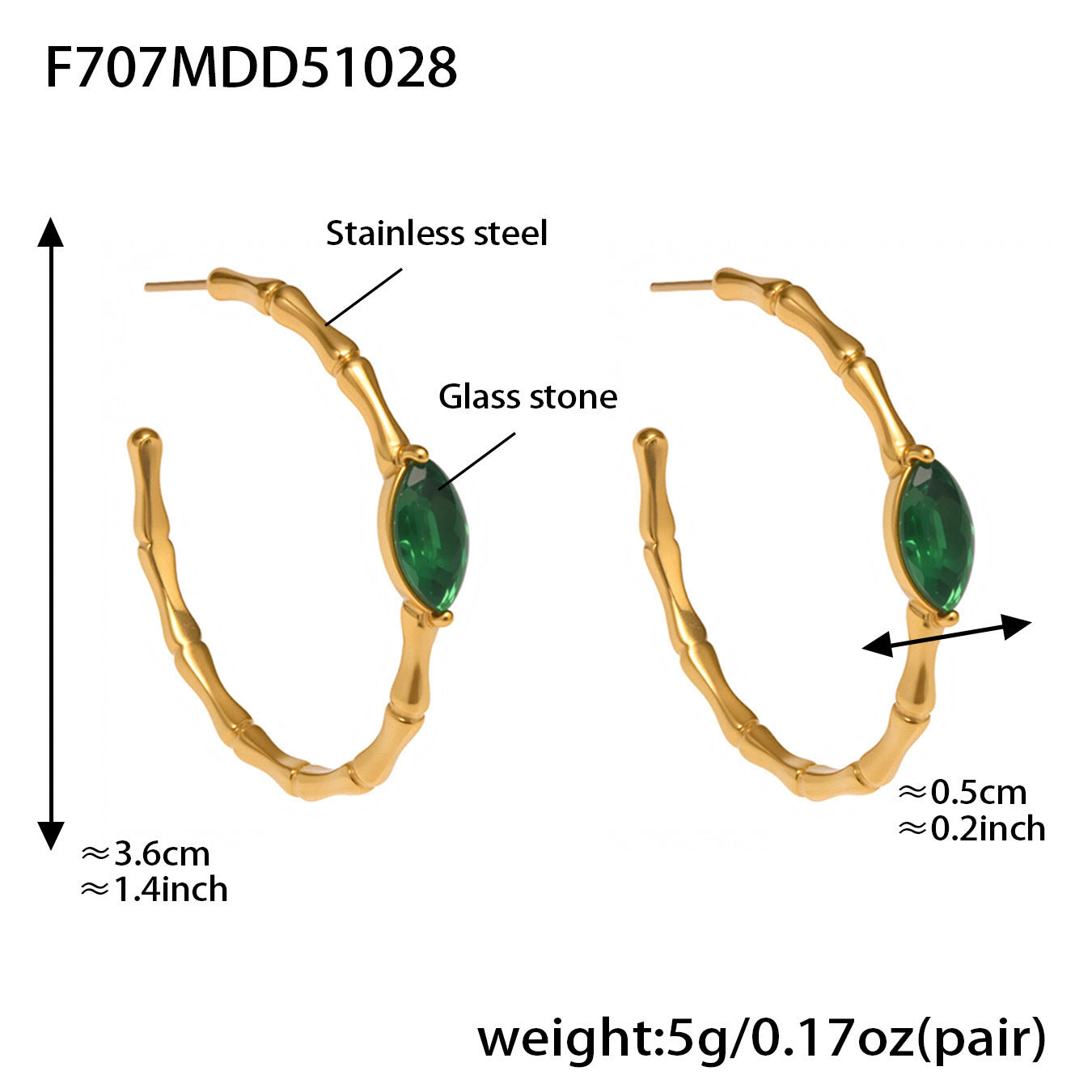 316L Stainless Steel Vintage Bamboo Green Glass C-Hoop Earrings - Image 5