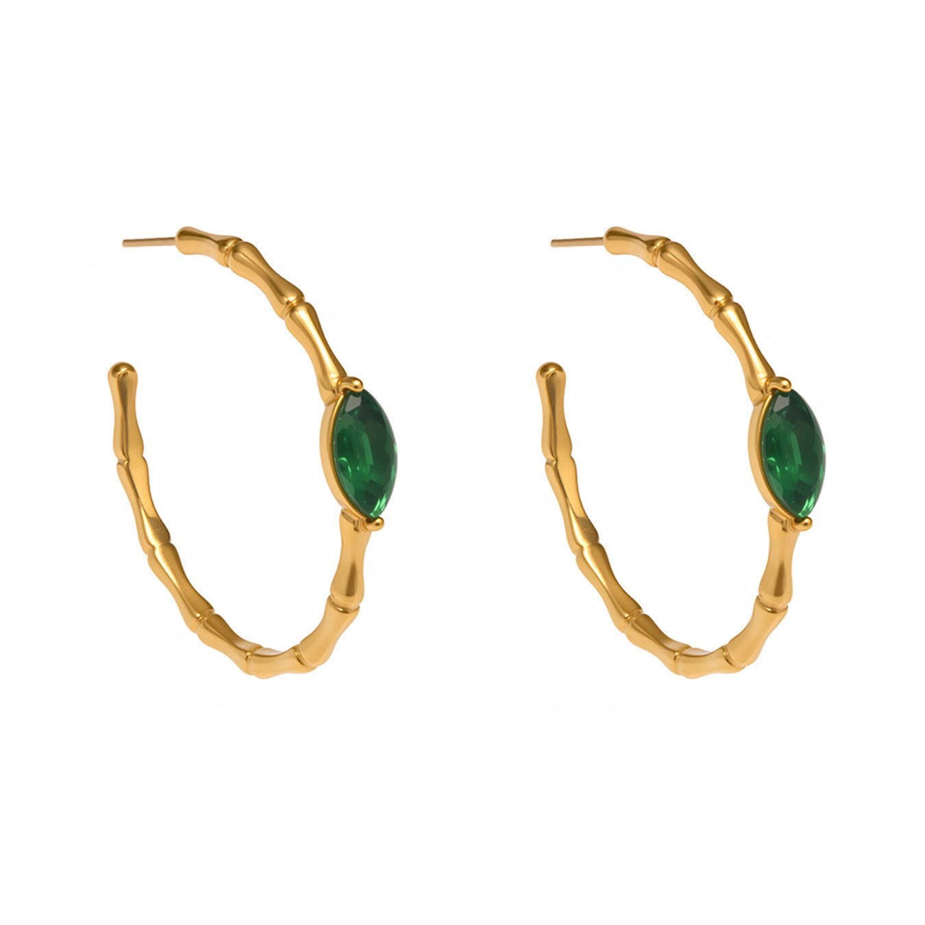 316L Stainless Steel Vintage Bamboo Green Glass C-Hoop Earrings - Image 6