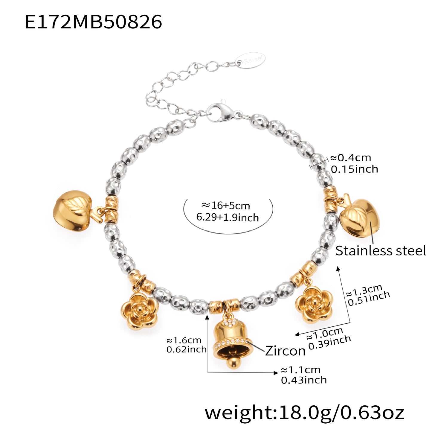 316L Stainless Steel Vintage Bell & Flower Charm Bracelet - Image 12