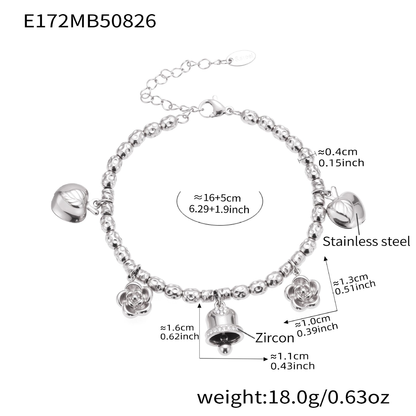 316L Stainless Steel Vintage Bell & Flower Charm Bracelet - Image 2