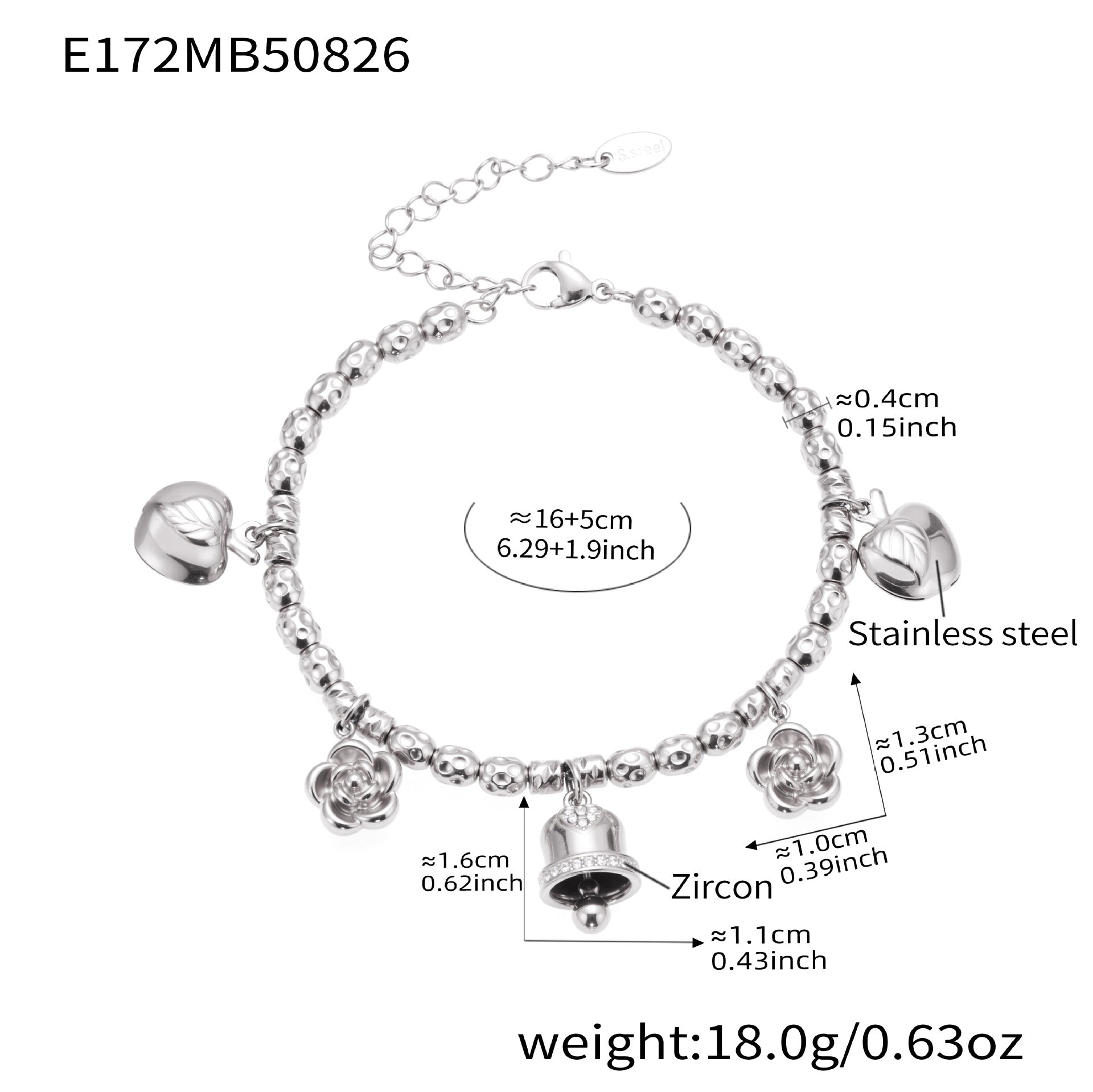 316L Stainless Steel Vintage Bell & Flower Charm Bracelet - Image 2