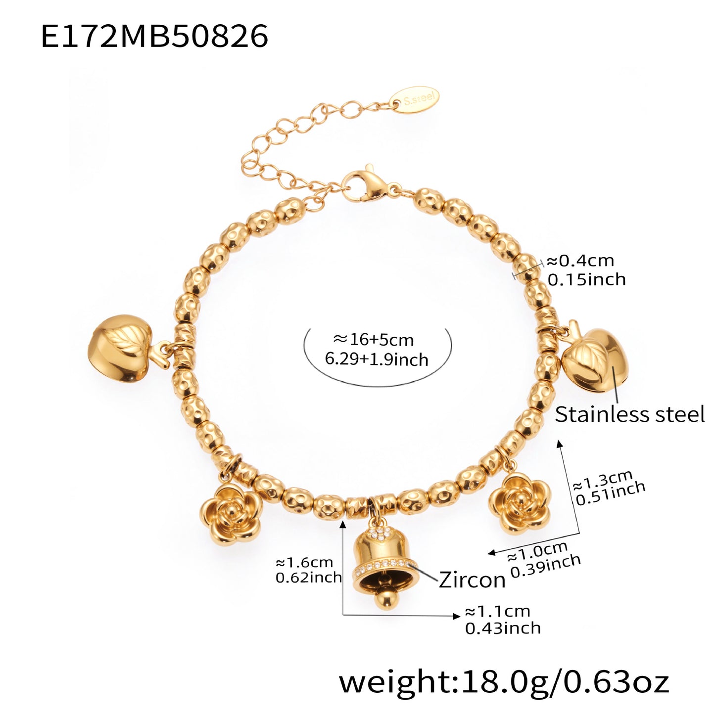 316L Stainless Steel Vintage Bell & Flower Charm Bracelet - Image 7