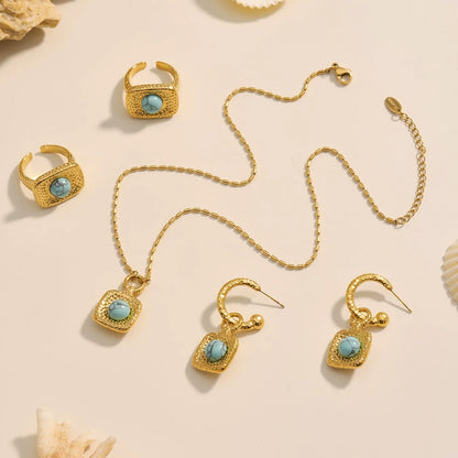 316L Stainless Steel Vintage Blue Turquoise Zircon Statement Chunky Gold Jewelry Set - Image 2