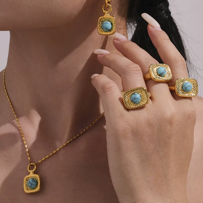 316L Stainless Steel Vintage Blue Turquoise Zircon Statement Chunky Gold Jewelry Set - Image 3