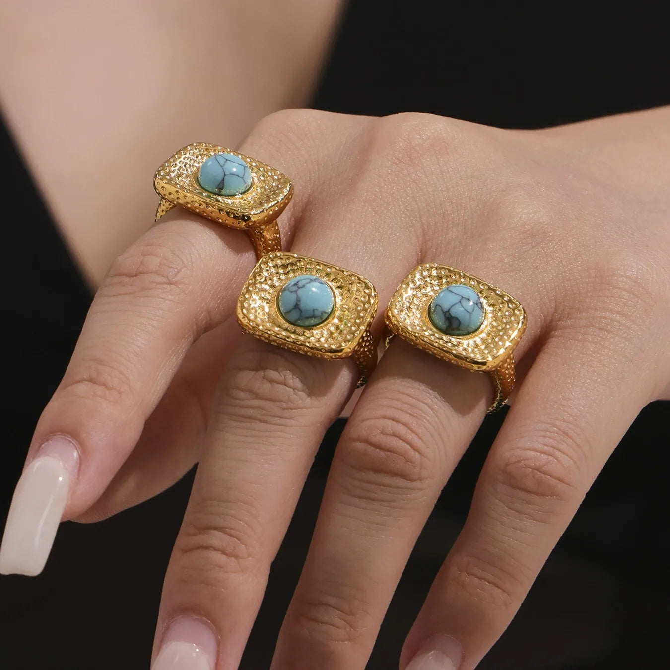 316L Stainless Steel Vintage Blue Turquoise Zircon Statement Chunky Gold Jewelry Set - Image 4