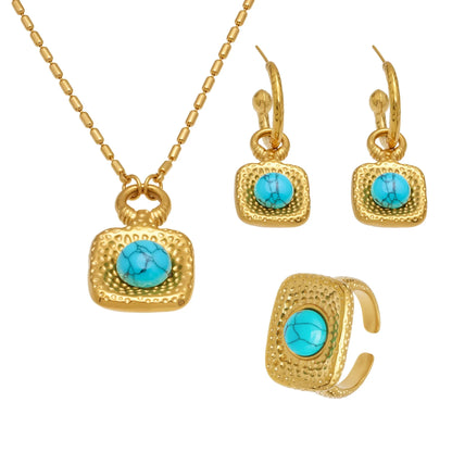 316L Stainless Steel Vintage Blue Turquoise Zircon Statement Chunky Gold Jewelry Set - Image 5