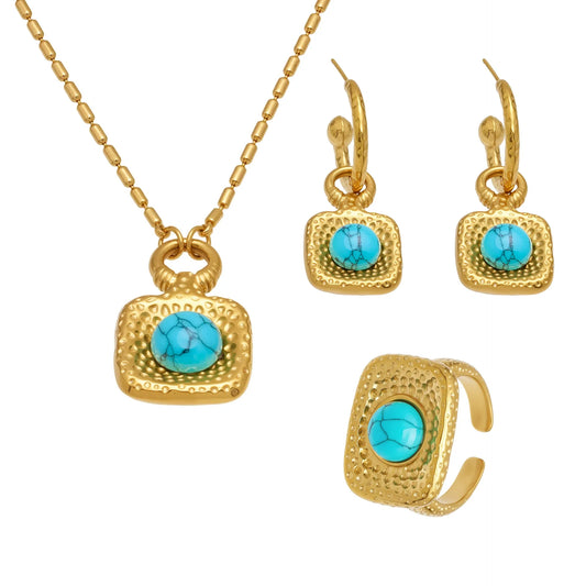 316L Stainless Steel Vintage Blue Turquoise Zircon Statement Chunky Gold Jewelry Set - Image 5