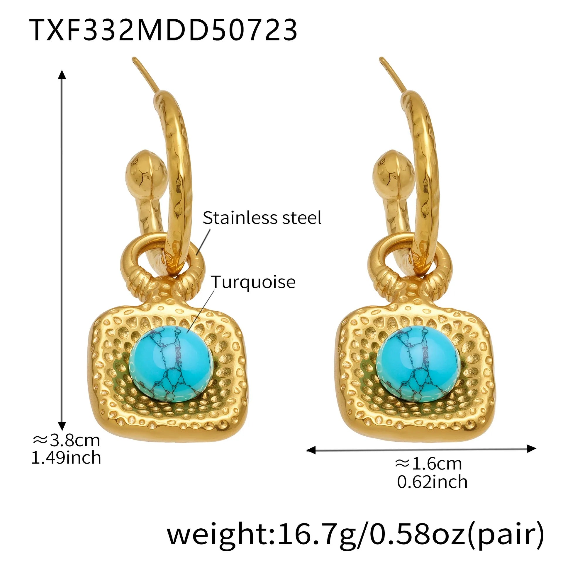 316L Stainless Steel Vintage Blue Turquoise Zircon Statement Chunky Gold Jewelry Set - Image 8