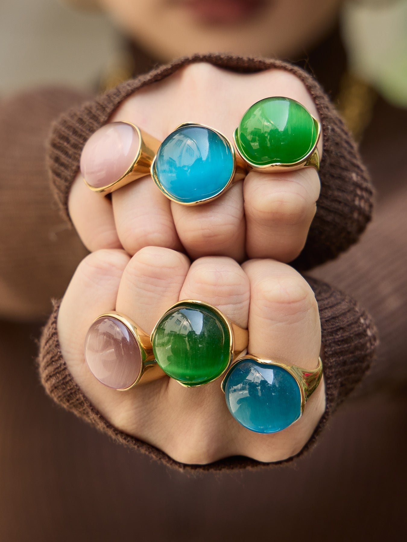 316L Stainless Steel Vintage Cat Eye Stone Ring, 18K Gold Plated -  Sensitive Skin Friendly - Detail 1