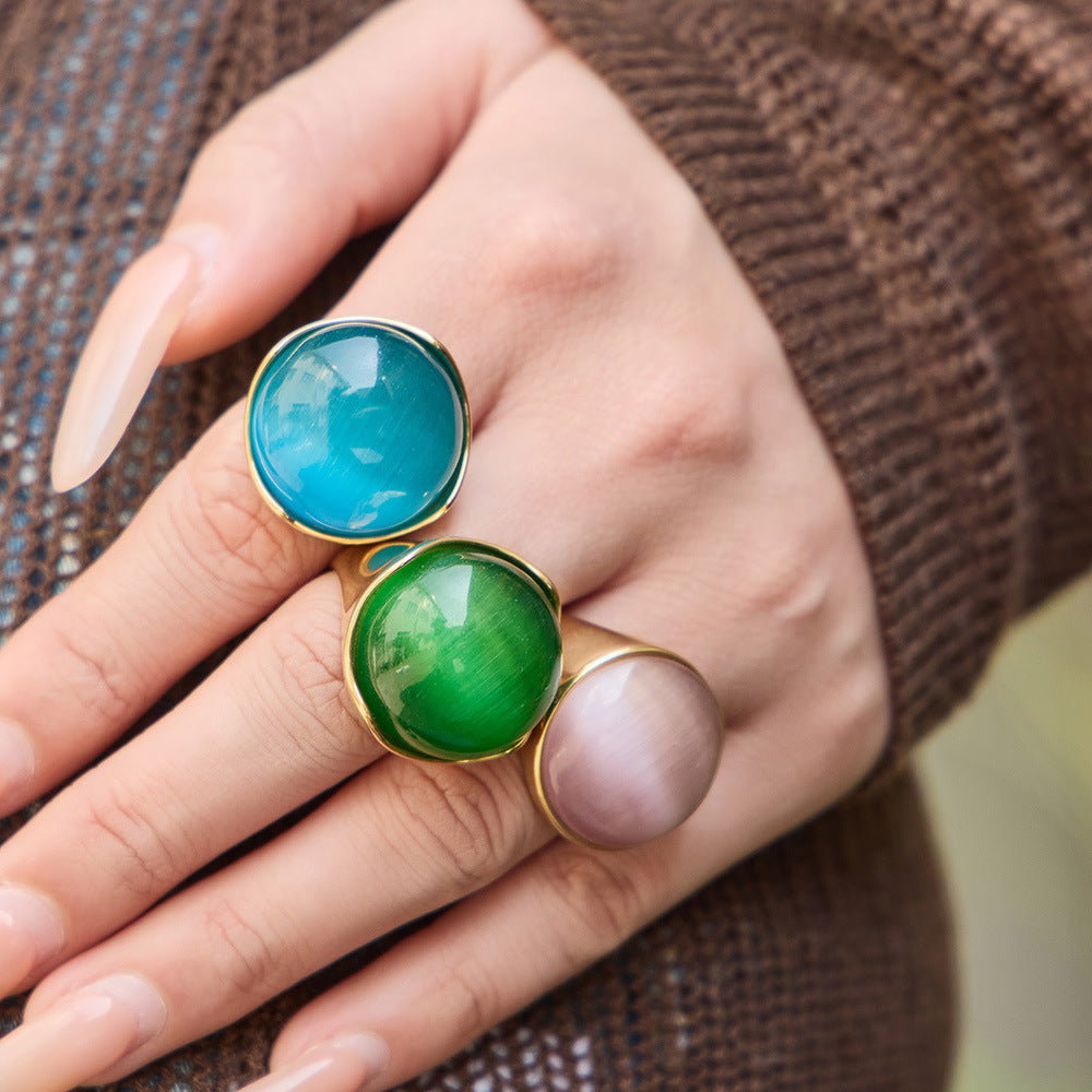 316L Stainless Steel Vintage Cat Eye Stone Ring, 18K Gold Plated -  Sensitive Skin Friendly - Detail 11