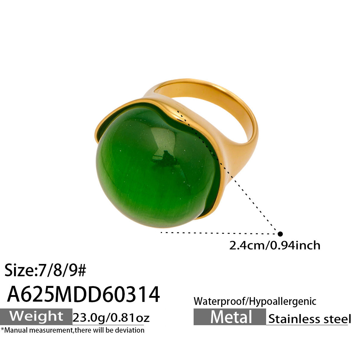 316L Stainless Steel Vintage Cat Eye Stone Ring, 18K Gold Plated -  Sensitive Skin Friendly - Detail 12