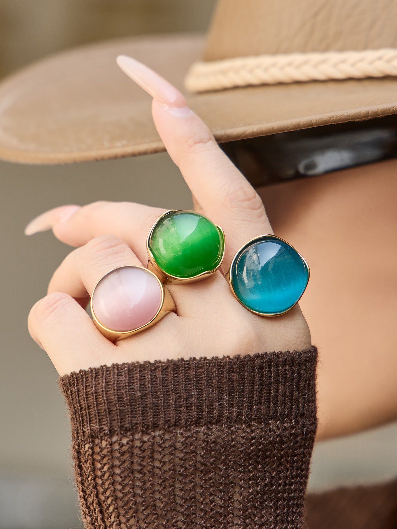 316L Stainless Steel Vintage Cat Eye Stone Ring, 18K Gold Plated -  Sensitive Skin Friendly - Detail 15
