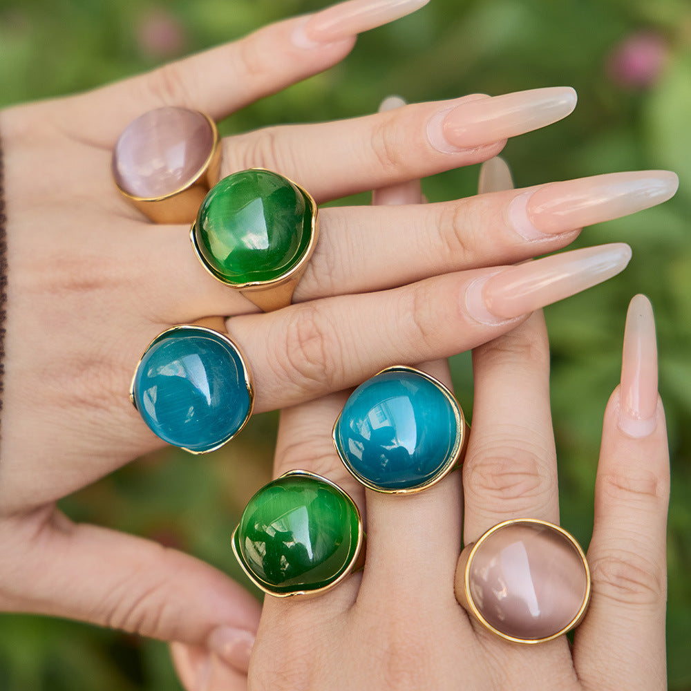 316L Stainless Steel Vintage Cat Eye Stone Ring, 18K Gold Plated -  Sensitive Skin Friendly - Detail 16