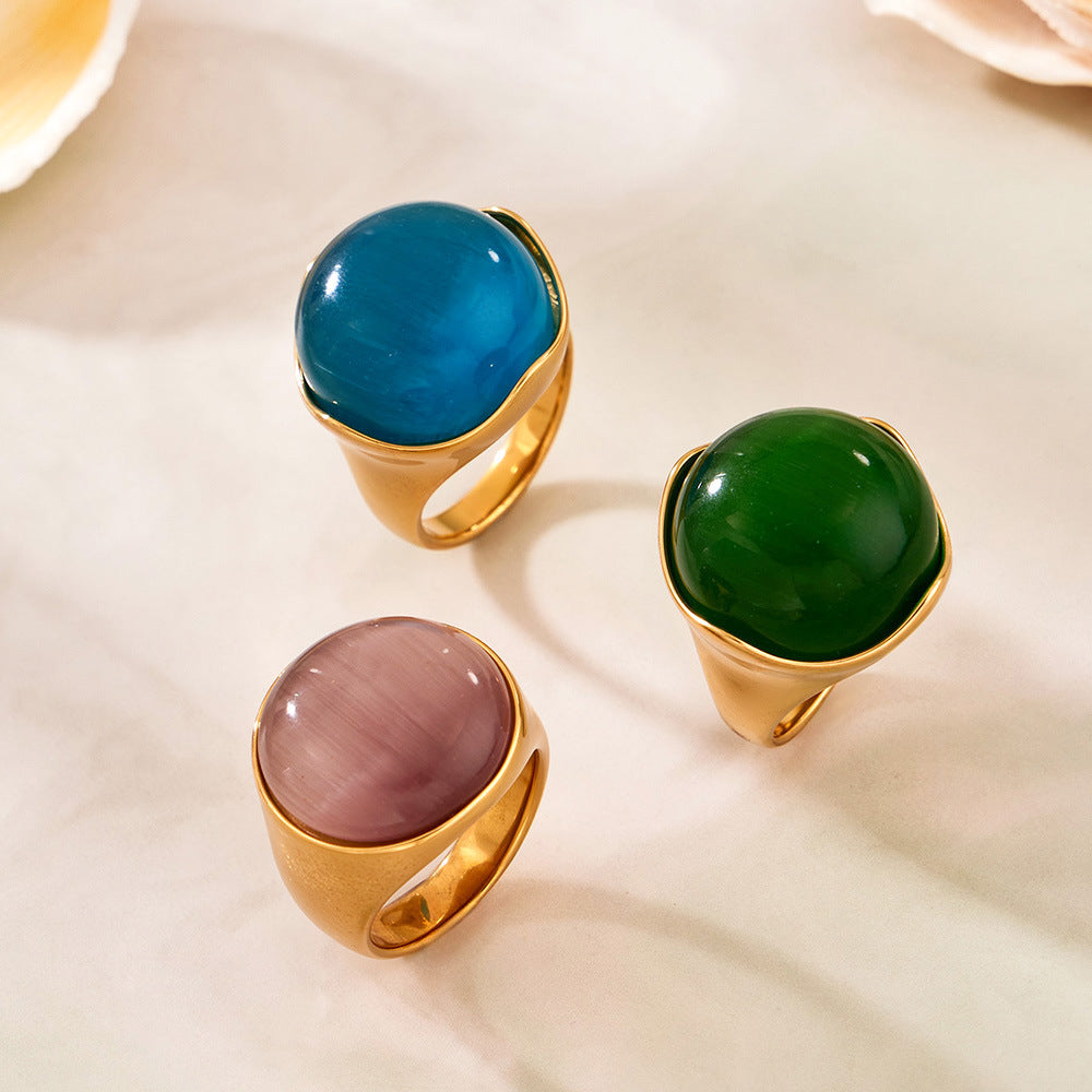 316L Stainless Steel Vintage Cat Eye Stone Ring, 18K Gold Plated -  Sensitive Skin Friendly - Detail 19