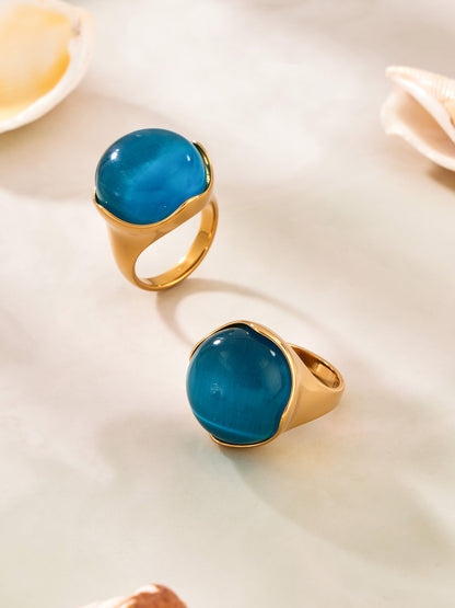 316L Stainless Steel Vintage Cat Eye Stone Ring, 18K Gold Plated -  Sensitive Skin Friendly - Detail 5