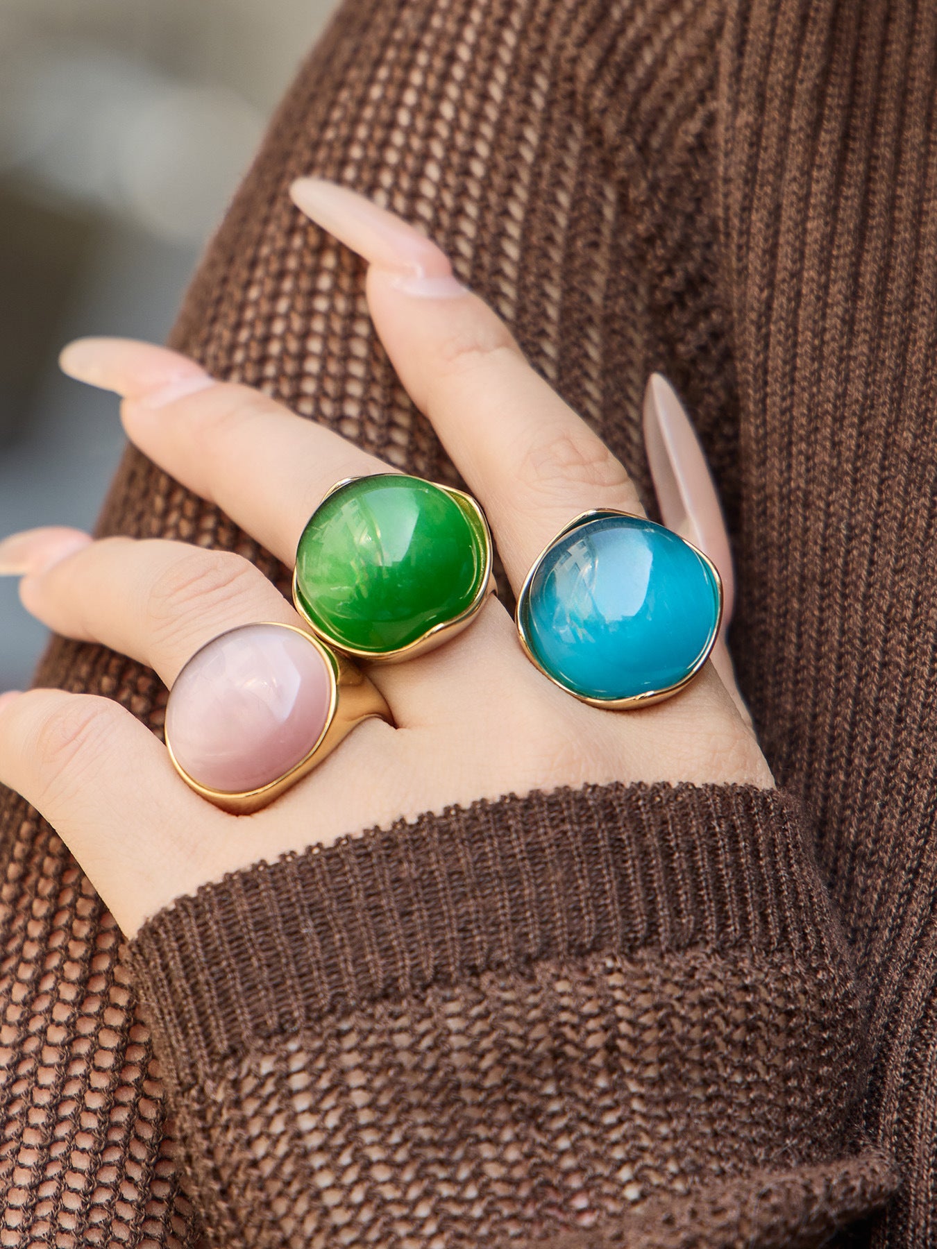 316L Stainless Steel Vintage Cat Eye Stone Ring, 18K Gold Plated -  Sensitive Skin Friendly - Detail 6