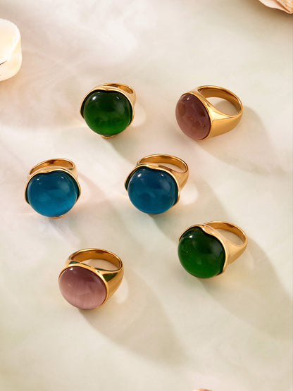 316L Stainless Steel Vintage Cat Eye Stone Ring, 18K Gold Plated -  Sensitive Skin Friendly - Detail 7