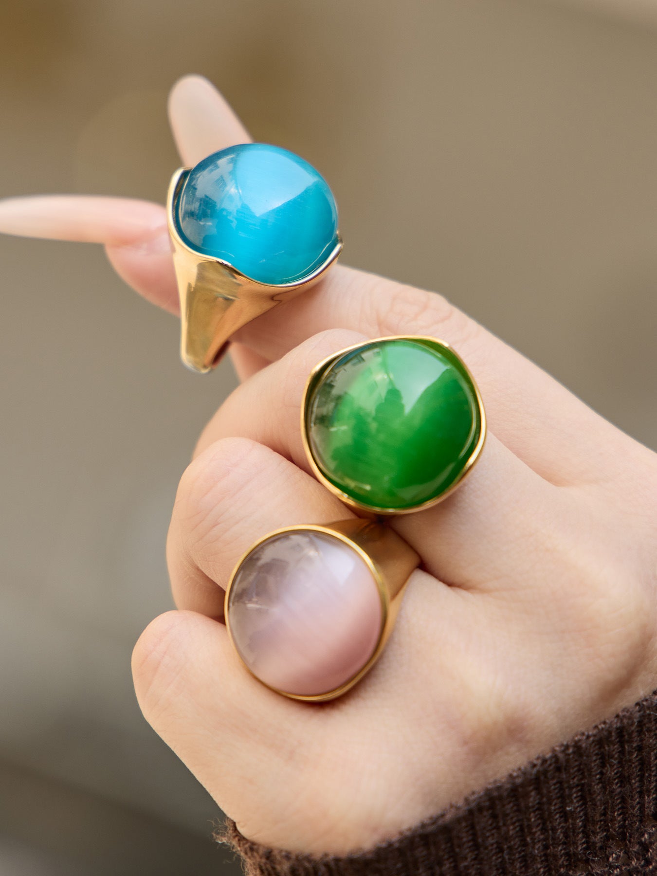 316L Stainless Steel Vintage Cat Eye Stone Ring, 18K Gold Plated -  Sensitive Skin Friendly - Detail 8