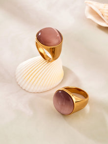 316L Stainless Steel Vintage Cat Eye Stone Ring, 18K Gold Plated -  Sensitive Skin Friendly - Detail 9