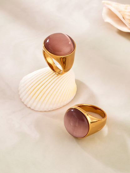 316L Stainless Steel Vintage Cat Eye Stone Ring, 18K Gold Plated -  Sensitive Skin Friendly - Detail 9