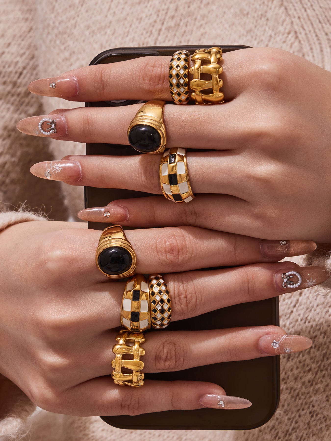 316L Stainless Steel Vintage Checkerboard Enamel Open Ring - Image 1