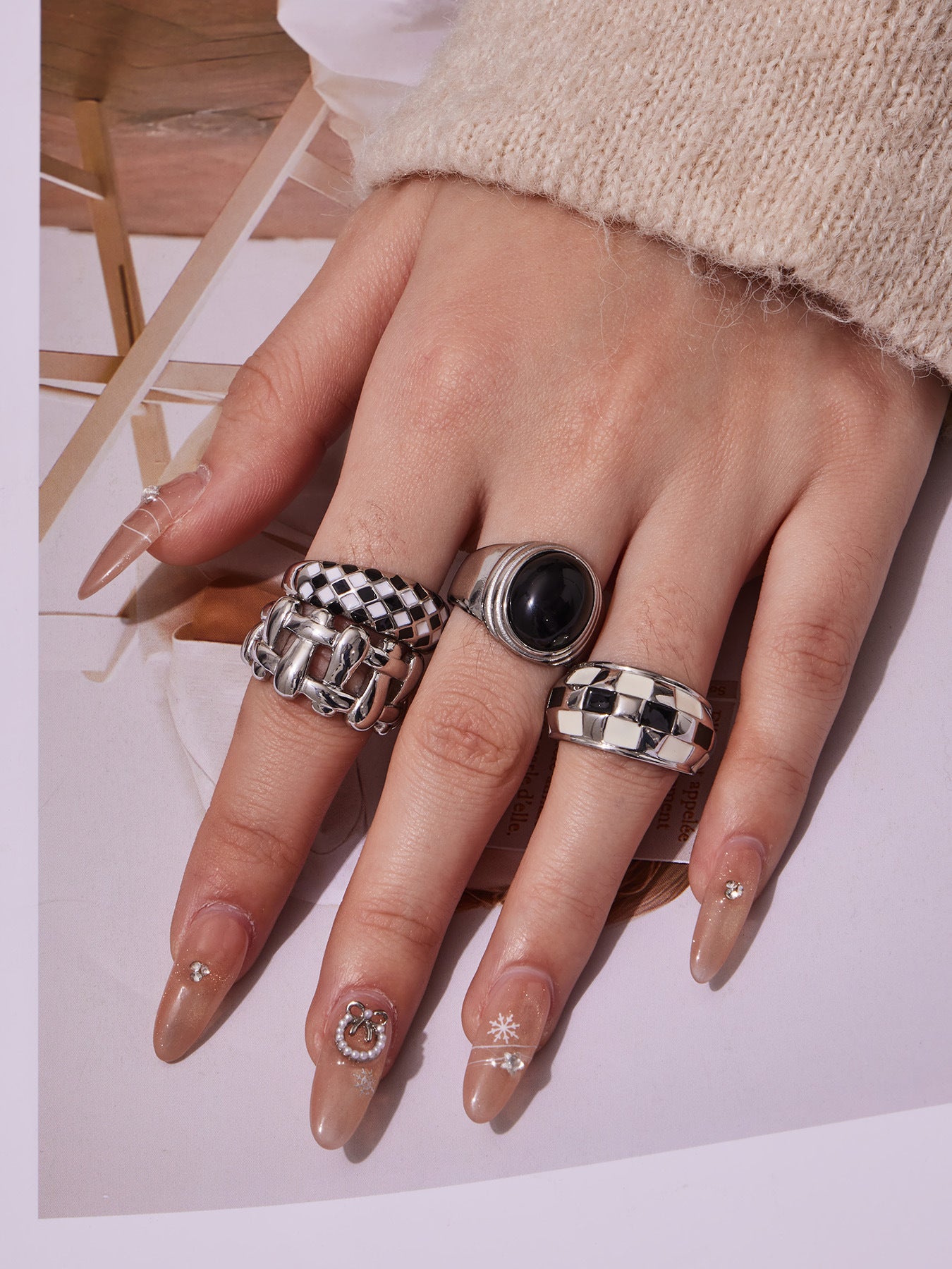 316L Stainless Steel Vintage Checkerboard Enamel Open Ring - Image 12