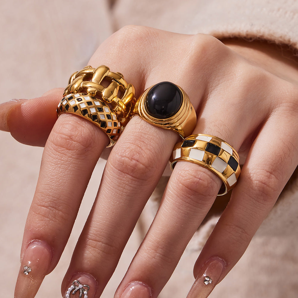 316L Stainless Steel Vintage Checkerboard Enamel Open Ring - Image 16