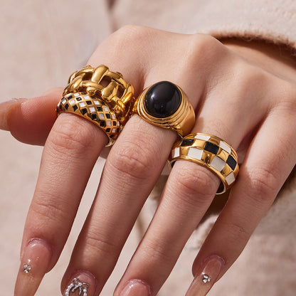 316L Stainless Steel Vintage Checkerboard Enamel Open Ring - Image 16