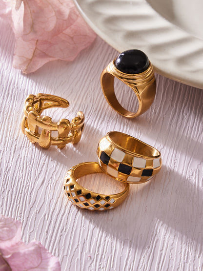 316L Stainless Steel Vintage Checkerboard Enamel Open Ring - Image 2