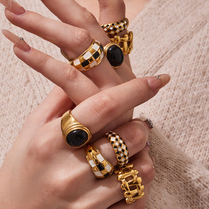 316L Stainless Steel Vintage Checkerboard Enamel Open Ring - Image 20